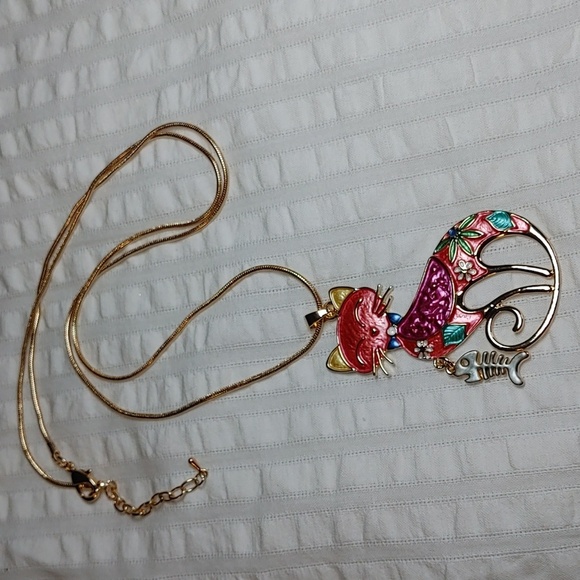 Cute Cloisonne Style Colourful Cat with Fish Charm Necklace - Picture 4 of 7